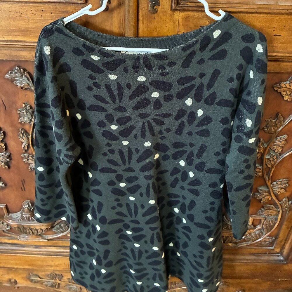 Field & Flower Anthropologie Floral Boatneck Secret Garden Sweater Green Small